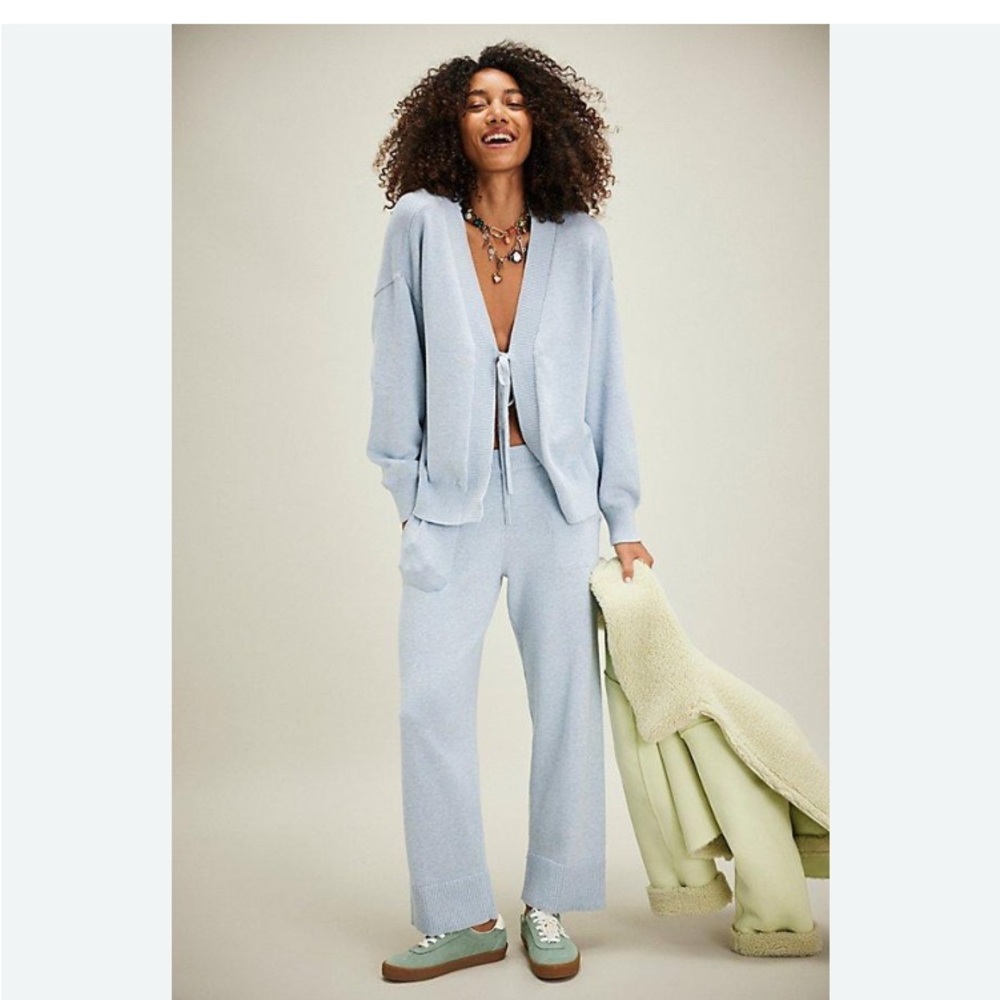 Free People Light Blue Knit Wide-Leg Pants & Cardigan Set